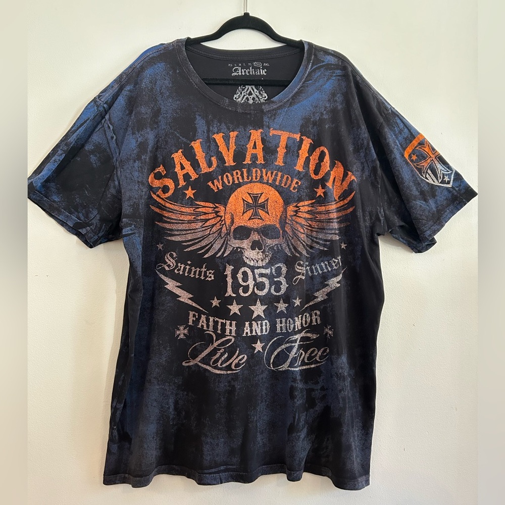 Archaic by Affliction Salvation Faith Honor y2k biker rocker skull shirt 2XL